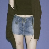 Y2K Women's Jeans Mini Skirts Low Waist Belt Blue Denim Skirt Woman Korean Straight Distressed Bottoms Mujer  Harajuku