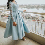 Sexy Gala Dress Plus Size African Long Sleeve Short Evening Dresses Light Blue Laces Simple Prom Dress vestidos formales