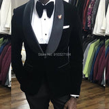 Nukty Black Velvet Wedding Tuxedo 3 Piece African Men Suits for Winter Slim Fit Groom Male Fashion Costume Jacket Waistcoat with Pants