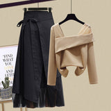 Nukty Women Sets Mesh Patchwork Slash Neck Tops + Asymmetric Skirt 2 Piece Suit Female Party Suits Elegant Casual Two Piece Set