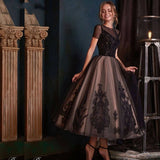O Neck Dubai Muslim evening dress Black Lace Appliques evening gowns Tea-Length abendkleider бальное платье vestidos