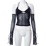 Sexy Mesh Halter Tops Women Autumn Fashion Low Cut See-through Long Sleeve T-shirts Bandage Backless Patchwork Body Black Tops