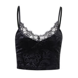Nukty Women Casual Sexy Camisole Black Floral Lace Hem V-neck Sleeveless Camis Gothic Crop Tops Ladies Tank Tops Skinny Clubwear