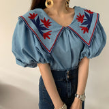 Vintage Ethnic Style Flower Embroidey Blouses Women Summer Lantern Sleeve Loose Denim Shirt Femme Tops Blusas