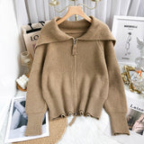 Solid Sweater Cardigan Women Sailor Collar Knitted Sweater Coats Casual Loose Zip Up Korean Fashion Knitwear Chic Tops