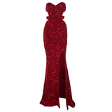 Royal Blue Sparkles Stretch Sequin Strapless Floor Length Party Dress Padded Backless Split Evening Night Sleeveless Dress