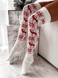 Nukty Christmas Women Knitted Cotton Woolen Stocking Warm Thigh High Over the Knee Cute Deer Printing Socks Twist Cable Crochet
