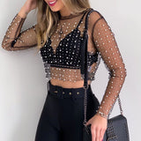 Nukty Pearl Top Women Mesh Top Spring Ladies Long Sleeve Transparent Sexy Top Cover Up Clubwear