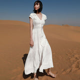 Vintage Women's Dresses Hollow Flower Embroidery V-Neck Puff Sleeve Midi Dress Bow Lace-Up Bohemian Prom Dress White
