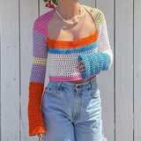 Knitted Crop Top Women Beach Y2K T Shirts Sexy Summer Tee Female Patchwork Hollow Out Tops Vintage Casual Fashion Streetwear
