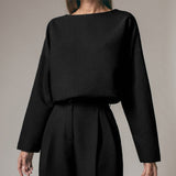 Casual Pants Suit Women Fashion Long-sleeved Round Neck T-shirt Top Autumn Elegant Solid Color Pleated Slim Trousers Office