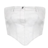 Nukty White Strapless Cropped Tube Top Women Sexy Backless Boob Tube Crop Tops Zipper Black Thread Camisole Summer