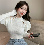 Nukty Full Sleeve Turtleneck Buttons Sweater Jumpers Girls Stretchy Chic Ruffles Autumn Spring Sweaters Pullovers Tops Women