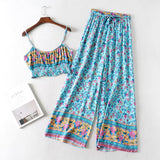 Boho Vintage Pattern Print Women 2 Piece Set Spring Midriff Baring Wide Leg Pant Retro Chic Beach Vacation Women Set