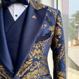 Nukty Floral Jacquard Tuxedo Suits for Men Wedding Slim Fit Navy Blue and Gold Gentleman Jacket with Vest Pant 3 Piece Male Costume