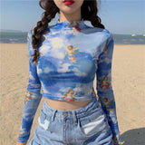 Nukty Angel Print Sheer Blue Black Mesh Long Sleeve Blouse Shirts Women Spring Summer Pullovers Elegant Sexy See Through Tops