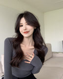 Nukty Soft Elastic Tees Women U-neck Cropped T-shirts Girls Full Sleeve Sheath Tshirt Basic Crop Tops Girls Base Undershirts