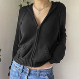 Women Zip Up Hood Cardigan Sweaters Solid Long Sleeve Drawstring Knit Hoodies Y2K Lightweight Sweatshirts
