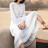 Vintage Women's Dresses Hollow Flower Embroidery V-Neck Puff Sleeve Midi Dress Bow Lace-Up Bohemian Prom Dress White