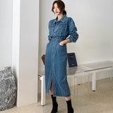 Nukty Woman Denim Overalls Streetwear Turn-down Collar Slim Denim Dress Women Elegant Long Sleeve Women Split Jeans Dress Femme