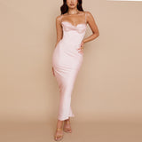 Summer Satin Maxi Bodycon Dress Women Party Dress New Arrivals Pink Fishbone Dress Celebrity Evening Club Night Dresses