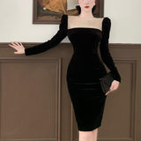 Nukty Black Elegant Evening Midi Dress Women Bodycon France Vintage Velvet Party Dress Ladies Korean Fashion Chic Dresses Autumn