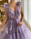 Elegant Prom Dresses Lavender Tiered Tulle Long  A Line Aestido Feminino Festa Fitted Boning 3D Flowers Floor Length Evening Gow
