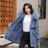 Medium Long Hooded Parka With Fur Collar Winter Jackets For Women Casual Cotton Liner Coat Adjustable Waist