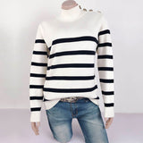 New Autumn Winter Turtleneck Knitted Sweater Women Casual Rivets Striped Pullovers Sweater Female Oversize Tops