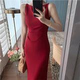 Nukty Summer Solid Color French Retro Hepburn Dress Summer One Shoulder Sleeveless Waist Slim Long Skirt Party Waist Fold