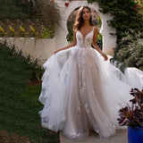 Nukty Long Boho A-Line Backless Wedding Dress 3D Flowers Spaghetti Straps Bride Dresses Princess Floor Length Wedding Gowns