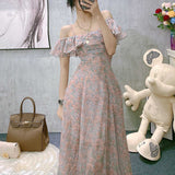 Nukty Vintage Chiffon Midi Dress Women Floral Print Design Korean Party Split Dress Female Summer Evening Beach Boho Dress Casual