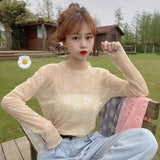 Nukty Angel Print Sheer Blue Black Mesh Long Sleeve Blouse Shirts Women Spring Summer Pullovers Elegant Sexy See Through Tops