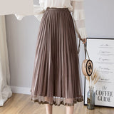 Nukty Mesh Skirt Autumn Winter Velvet Solid Color Elastic Waist Slim Pleated Skirts Womens Chic High Waist Women Skir