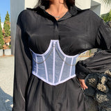 Nukty Sexy Gothic Bustiers Women Waist Belt Corset Top Sexy Chain Perspective Corset Underbust Mesh Shapewear Girdle Black White