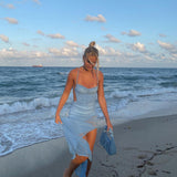 Nukty Sleeveless Halter Strap See-Through Pleat Slit Backless Sexy Dress Summer Women Streetwear Club Party Y2K