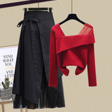 Nukty Women Sets Mesh Patchwork Slash Neck Tops + Asymmetric Skirt 2 Piece Suit Female Party Suits Elegant Casual Two Piece Set