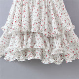 Nukty Vintage Spring Summer Chic Floral Print Lace Square Neck Cute Cake Cascading Ruffled Strap Mini Dress Woman New