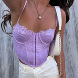 White Crop Top Sexy Corset Lace Trim Hook Eye Criss Cross Backless Cami Top Bralette Bustier Cami Vest Summer Women Clothing