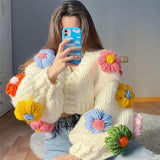 Winter Women's Cardigans Multicolor Floral Knitted Decoration Long Sleeve Loose Coats Warm Sweaters 3 Colors