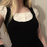 Square Collar Y2K Patchwork Crop Tees Casual Vintage Kawaii Buttons Tops Short Sleeves Fashion Korean Slim Shirts