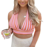 Women's Sexy Criss Cross Halter Y2K Crop Top Cutout Tank Cami Strappy Tie Backless Striped T-Shirt Wrap Bustier Corset