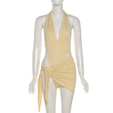 Nukty Y2K Summer New Halter Strap V-Neck Casual Backless Sexy Women's Clothes Basic Bodysuits 2 Piece Beach Mini Dress