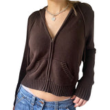 Women Zip Up Hood Cardigan Sweaters Solid Long Sleeve Drawstring Knit Hoodies Y2K Lightweight Sweatshirts