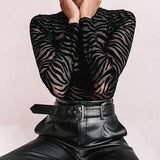 Nukty Black Mesh Transparent Sexy Bodysuit Long Sleeve Slim Skinny Stripe Mock Neck Casual Rompers Women Lady Party Club Body
