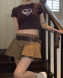 Nukty Fat Women Camouflage Love Print T Shirt Short Sleeve Crop Top + Pleated Khaki Skirt Set with Belt Punk Student Women Set Plus