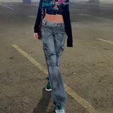 Patchwork Y2K Cargo Jeans Vintage High Waist Straight Baggy Pants Women Denim Jeans Blue Harajuku Streetwear Trousers