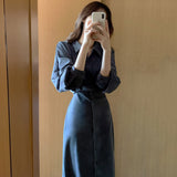 Nukty Vintage Evening Shirt Dresses for Women Party Fashion High Waist Korean Lace Up Long Woman Dress Elegant Autumn Vestidos