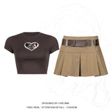 Nukty Fat Women Camouflage Love Print T Shirt Short Sleeve Crop Top + Pleated Khaki Skirt Set with Belt Punk Student Women Set Plus