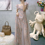 Nukty Vintage Chiffon Midi Dress Women Floral Print Design Korean Party Split Dress Female Summer Evening Beach Boho Dress Casual